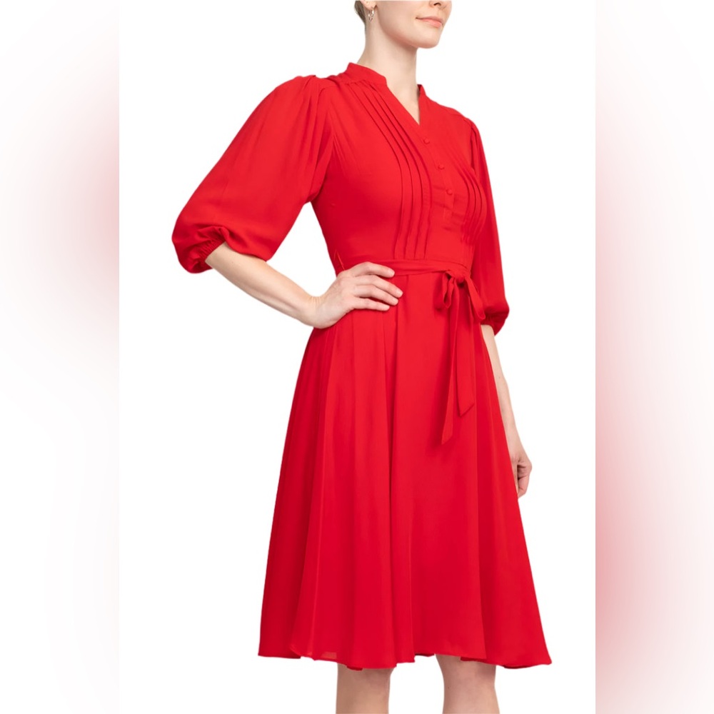 NWT Nanette Lepore Red Riding Hood Pleated Tie Waist A-Line Crepe Midi Dress - Picture 3 of 11